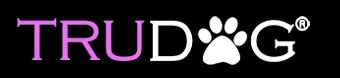 A logo for "TruDog" with the text in white and purple on a black background. The letter "O" is stylized as a white paw print.