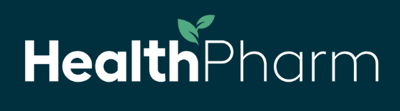 A logo for "HealthPharm" with the text in white on a dark background. A small green leaf grows from the letter "P" in the word "Pharm."