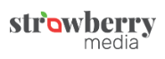 A logo for "Strawberry Media" with the text "strawberry" in black, and a small green leaf and red seed symbol above the letter "O." Below, the word "media" appears in gray.