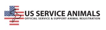 A logo for "US Service Animals" featuring an American flag pattern to the left, with a silhouette of a dog’s head over the flag. The text reads "US Service Animals: Official Service & Support Animal Registration."