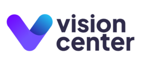 A logo for "Vision Center" with a stylized "V" in gradient colours transitioning from purple to blue on the left side. The text "Vision Center" appears in dark bold letters on a white background.