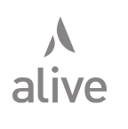 A grayscale logo for "Alive" featuring a simple leaf-like shape above the word "alive."