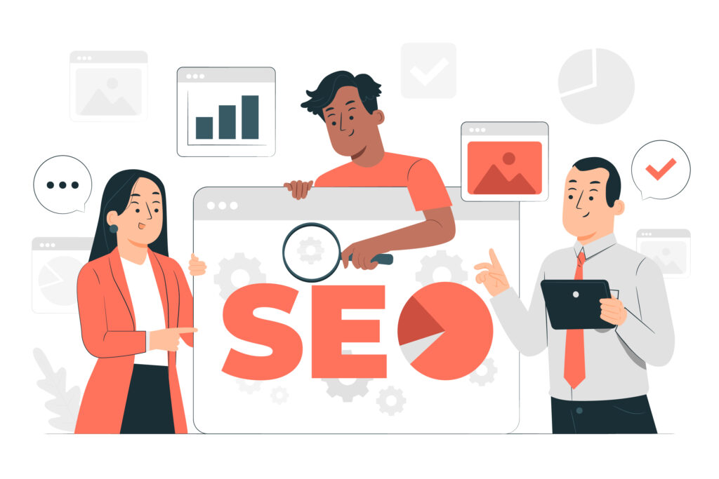 An illustration of three people discussing SEO, with large letters "SEO" in the centre. One person holds a magnifying glass, and various charts and graphs appear around them.