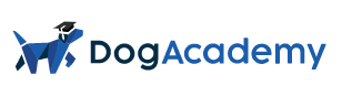 A logo for "Dog Academy" with a blue graduation cap on a dog's head, facing right. The text "Dog Academy" is written in blue with a graduation cap icon over the "A" in "Academy."