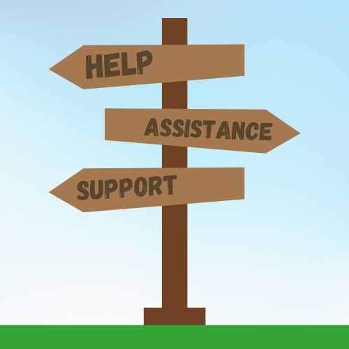 A wooden signpost with three directional arrows. The top arrow reads "HELP," the middle arrow reads "ASSISTANCE," and the bottom arrow reads "SUPPORT." 