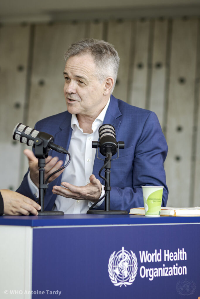 A social media live discussion on "New horizons in Science and Health" during the 77th World Health Assembly at the Palais des Nations in Geneva, Switzerland, on 1 June 2024, with WHO Chief Scientist Dr Jeremy Farrar and WHO Social Media Team Lead Diya Banerjee.