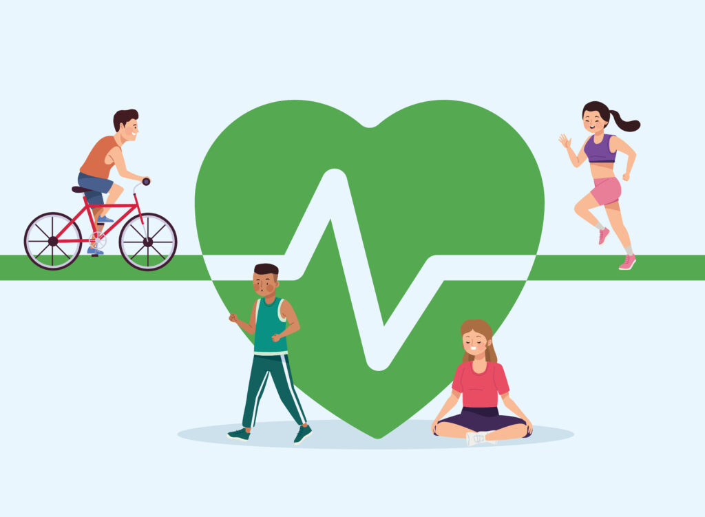 An illustration of people engaging in activities like cycling, running, and meditation around a green heart with a heartbeat line