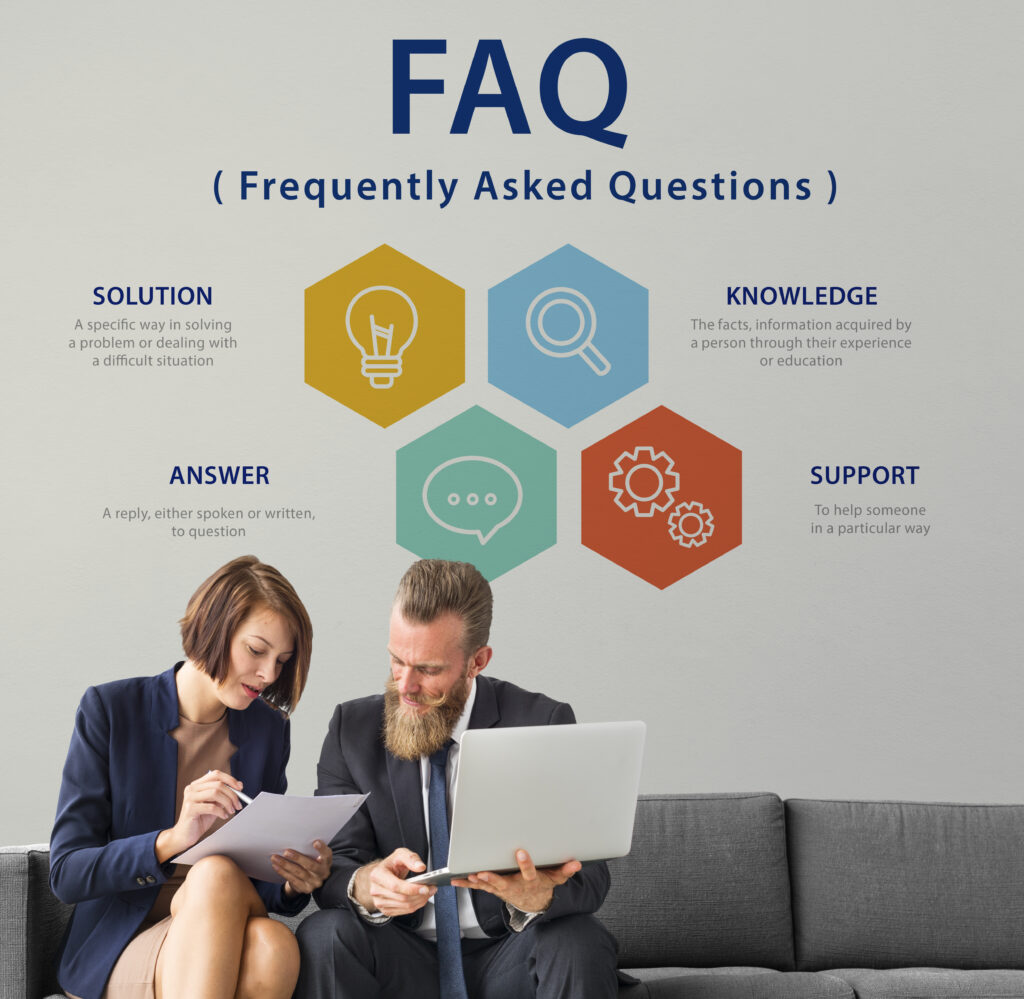 An infographic titled "FAQ (Frequently Asked Questions)" with hexagon icons for solution, knowledge, answer, and support, accompanied by a business discussion between two professionals.