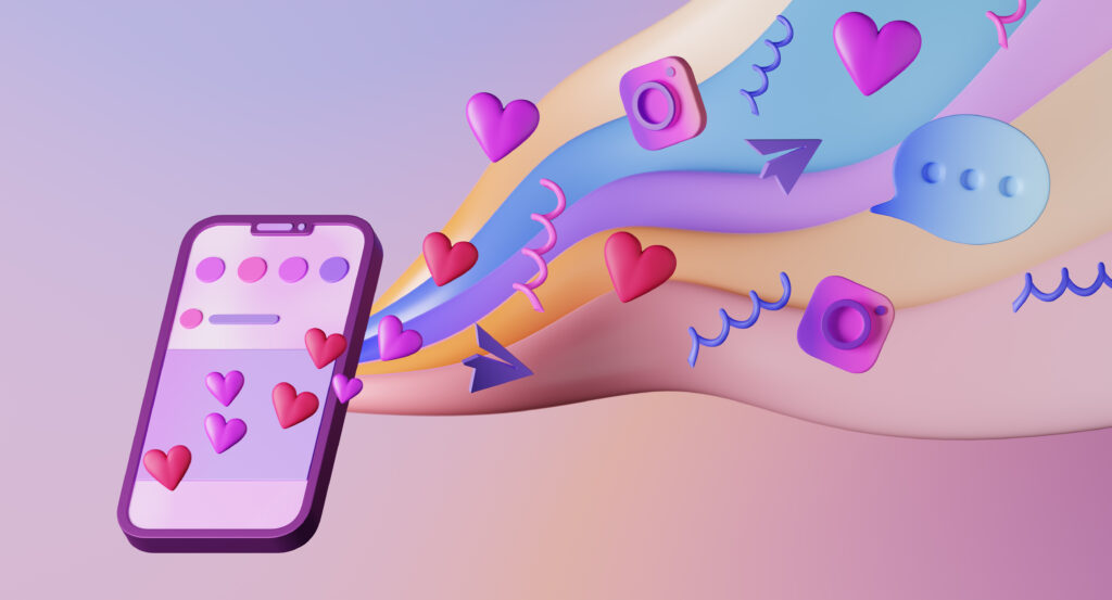 A colourful 3D illustration of a smartphone with flowing icons representing social media interactions, such as hearts and chat bubbles.